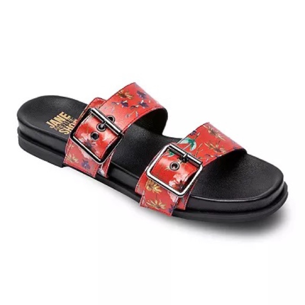 Jane and the Shoe Audrey Double Buckle Sandals in Red Floral